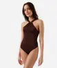 maiô halterneck feminino com fivela e franzido marrom G