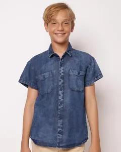 Camisa Juvenil Jeans Manga Curta com Bolsos Frontais Azul 12