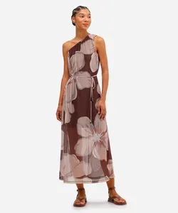 vestido ombro único feminino de tule floral marrom G
