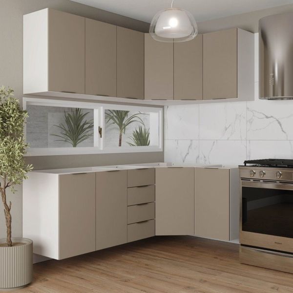 Cozinha Modulada 6 Peças sem Tampo sem Rodapé 3 Aéreos e 3 Balcões Ipanema CabeCasa MadeiraOriginals Fendi Trama