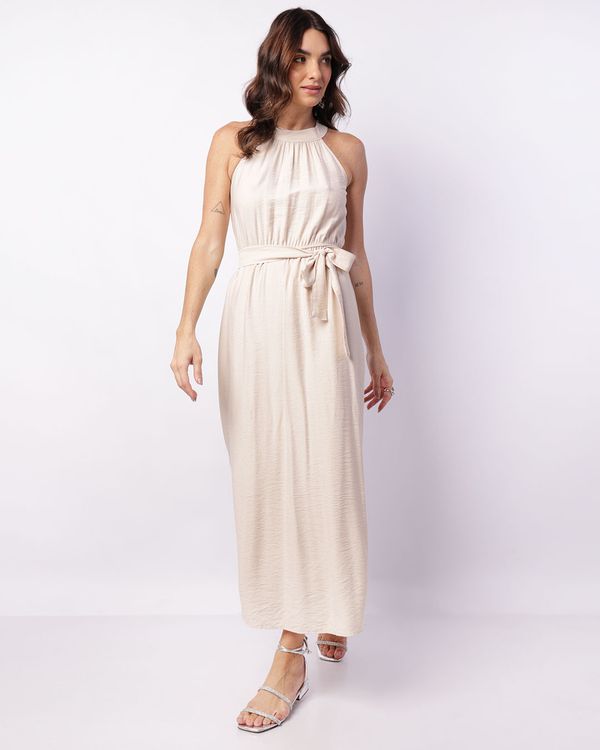 Vestido Feminino Longo Berry & Co. Viscose com Fenda Bege GG