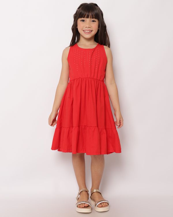Vestido Infantil Curto Algodão com Strass Laço nas Costas Vermelho 10