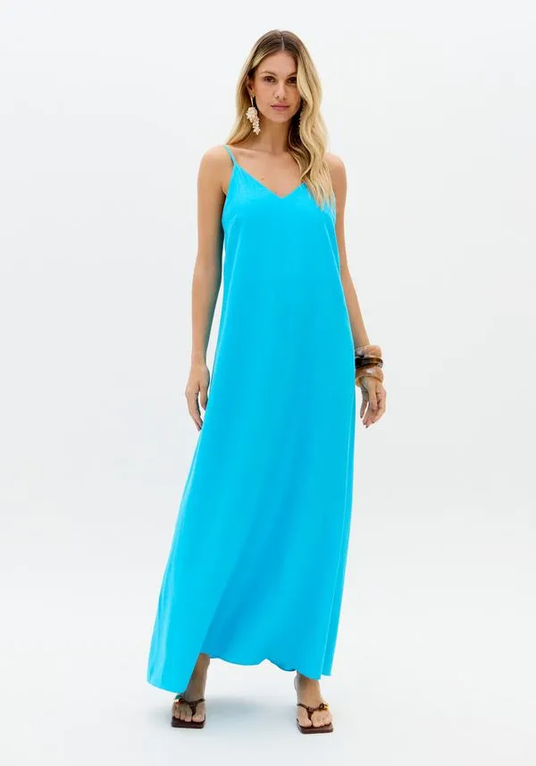 Vestido Super Midi Evasê Com Linho Azul PP