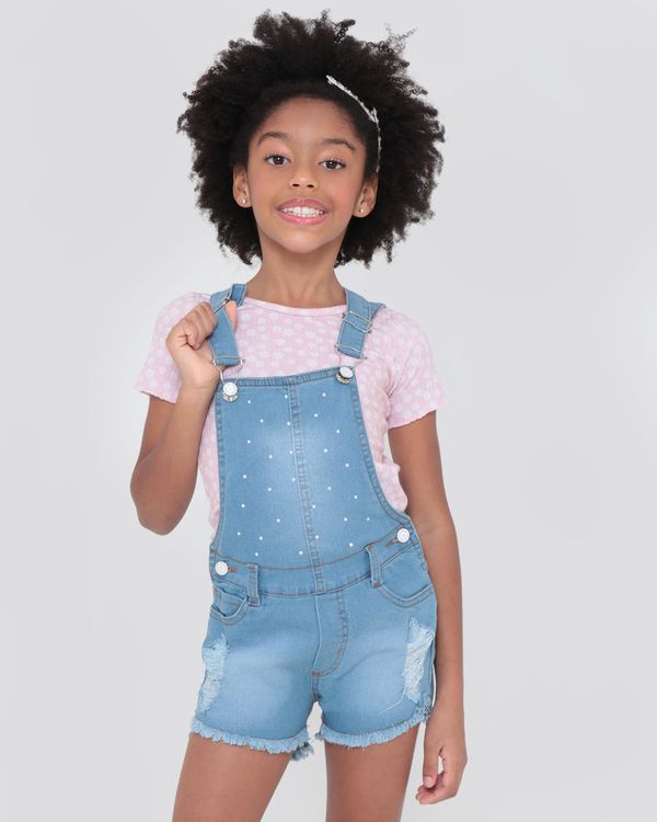 Jardineira Jeans Infantil Strass Azul Claro 6