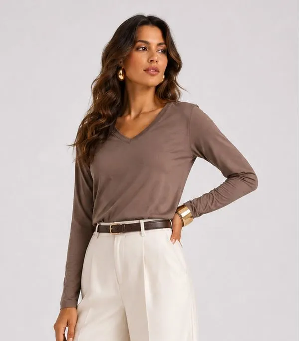 Blusa Feminina Manga Longa Decote V Infinita Cor Marrom M
