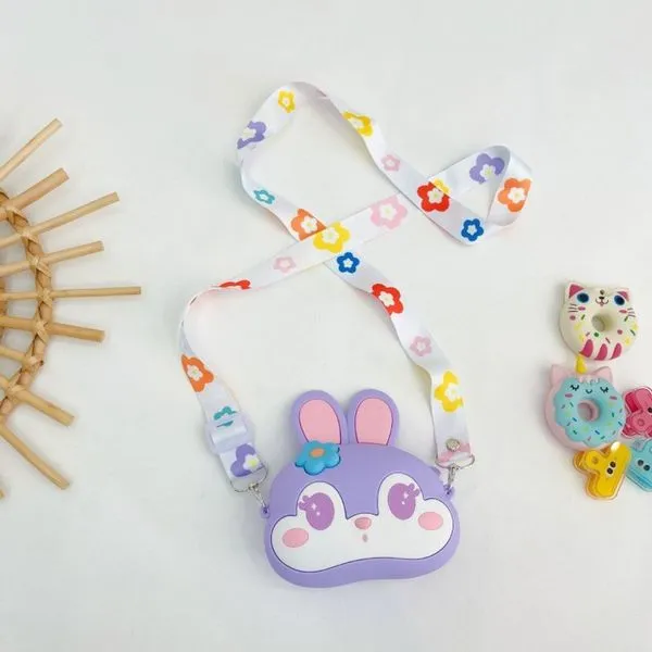 Bolsa de Moeda Infantil Coelho em Silicone Macio Anti Estresse com Alça de Ombro Lilás OEM Bolsa de Moeda Infantil Coelho em Silicone com Zíper e Alça de Ombro Lilás OEM