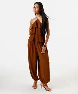 calça balloon feminina texturizada marrom 42