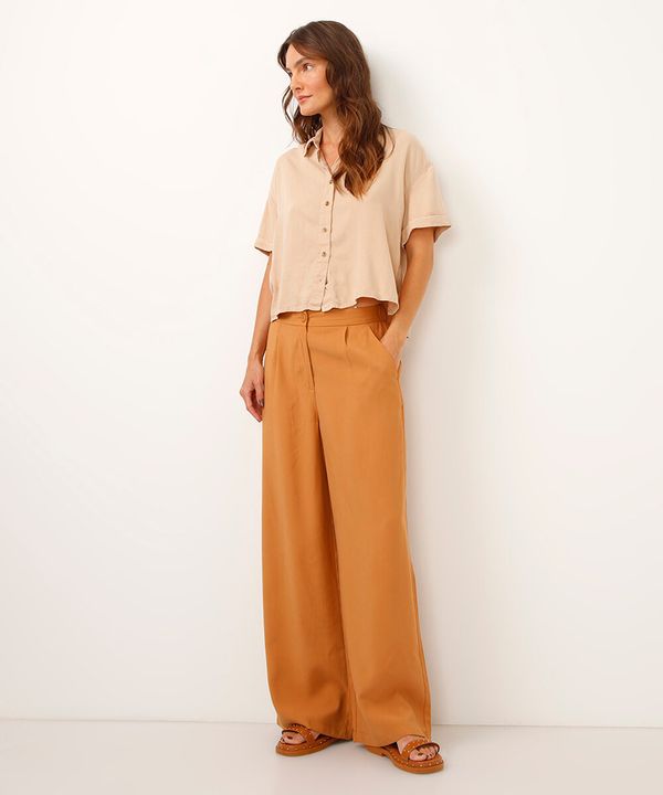 calça wide leg de viscose cintura alta com elástico - bege 36