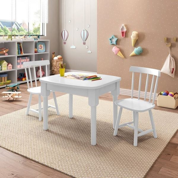 Mesa Infantil com 2 Cadeiras Mariah Madeira Maciça e Laca Casatema Branco