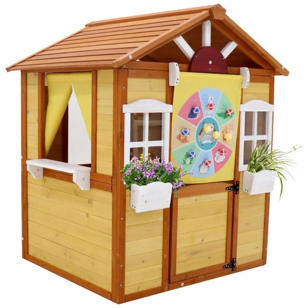 Casinha Infantil de Madeira para rea Externa com Porta, 2 Janelas e Suportes para Vasos de Flores, Idade 3 a 6 Anos, Foinfun, Amarela e Marrom 110v