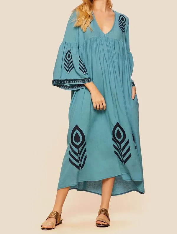 Vestido Bordado em Linho Laguna AZUL M