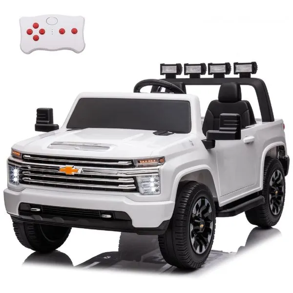 Carro Elétrico Infantil Chevrolet a Bateria 24V com 2 Lugares, Música, Luz LED e Controle Remoto, POSTACK, Branco