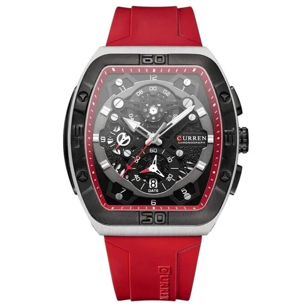 Relógio Cronógrafo Masculino Tonneau Design Esportivo com Pulseira de Silicone Vermelho Curren Relógio de Pulso Masculino Tonneau Cronógrafo Pulseira de Silicone Vermelho Curren