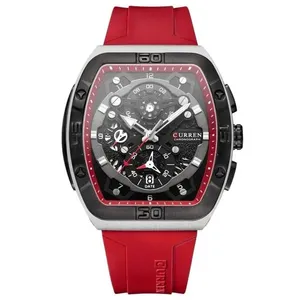 Relógio Cronógrafo Masculino Tonneau Design Esportivo com Pulseira de Silicone Vermelho Curren Relógio de Pulso Masculino Tonneau Cronógrafo Pulseira de Silicone Vermelho Curren