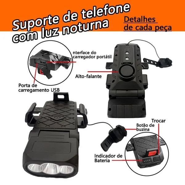 Lanterna para Bicicleta BIC006 com Suporte para Celular e Buzina Integrada Tudo em Caixa Lanterna para Bike BIC006 com Suporte para Celular e Buzina Tudo em Caixa