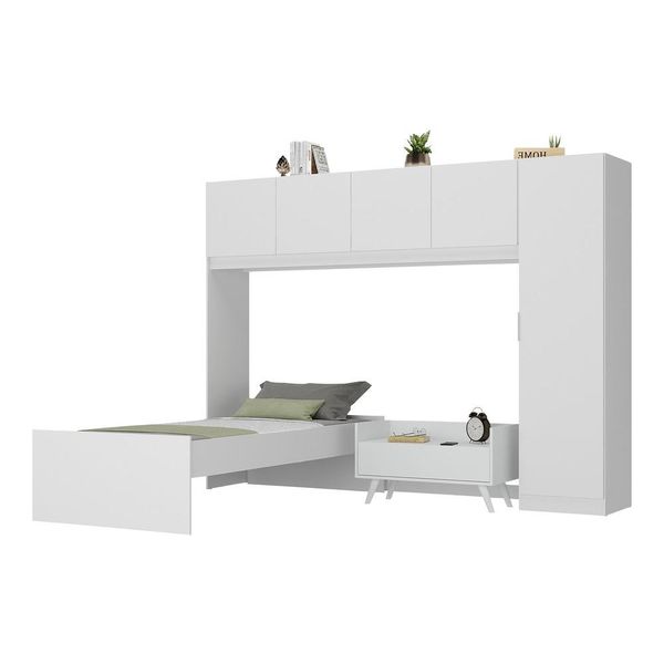 Cama de Solteiro com Guarda-Roupas e Mesa de Cabeceira Retrô Dublin Multimóveis MP4033 Branca