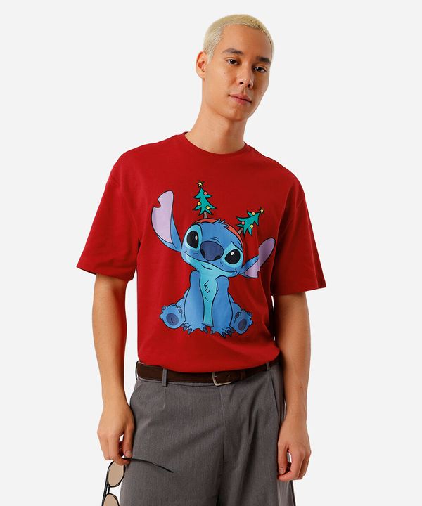 camiseta relaxed masculina de algodão stitch christmas vermelha M