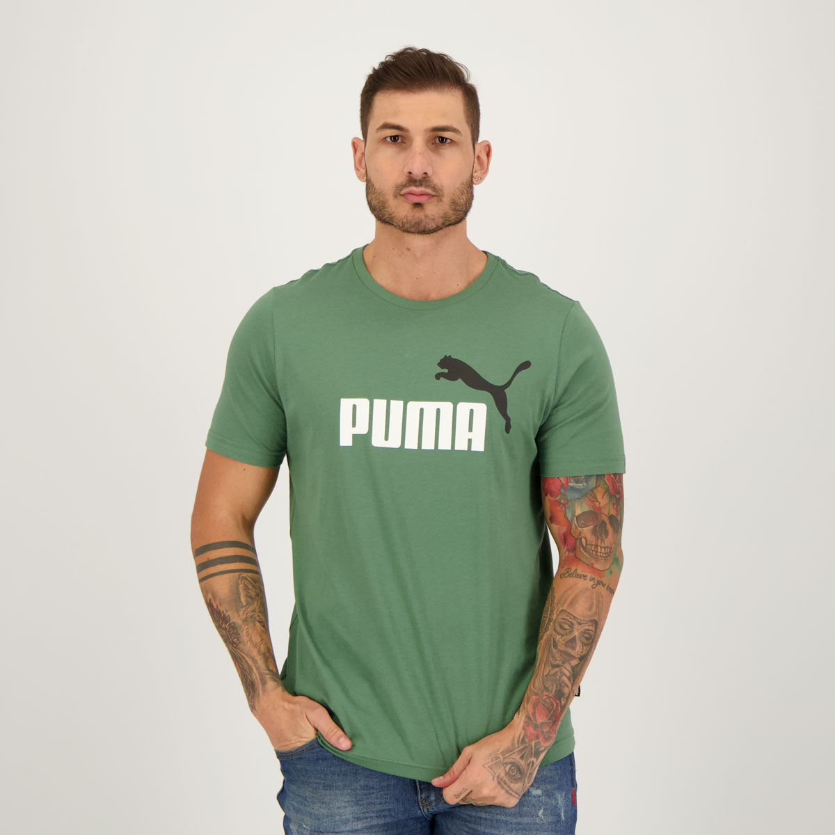 Camiseta Puma ESS+2 Col Logo Verde e Branca