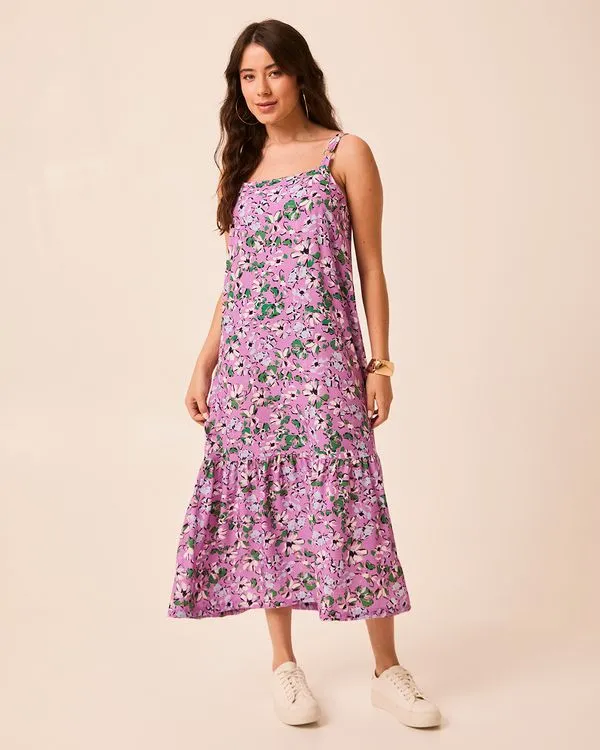 Vestido Midi Feminino Amplo Estampa Floral Decote V Em Viscose Rosa - G