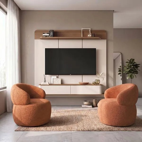 Conjunto Sala Painel Home Concept para TV 70 Polegadas com 2 Poltronas Eloah Boucle Terracota 180cm Home Design Conjunto Sala Painel Home Concept para TV 70 Polegadas com 2 Poltronas Eloah Boucle Terracota Home