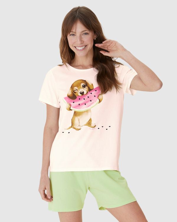 Pijama Curto Feminino Blusa Dog And Watermelon Em Algodão Off White - GG