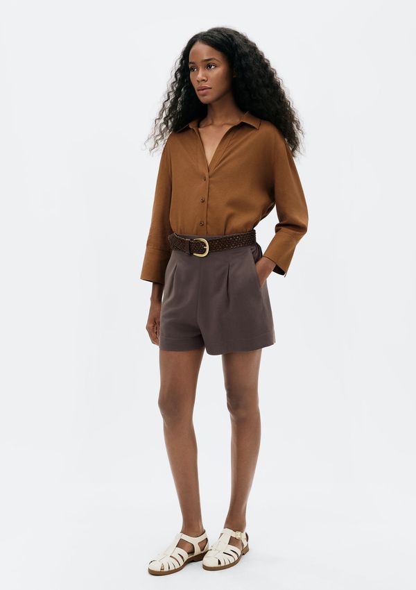 Shorts Feminino Cintura Alta Em Viscolinho - Marrom XP