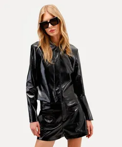 jaqueta cropped feminina de poliuretano preta PP