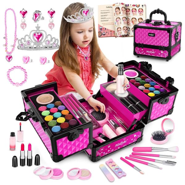 Kit de Maquiagem Infantil com 65 Peças Laváveis e Estojo para Crianças de 3 a 12 Anos, Hollyhi, Rosa