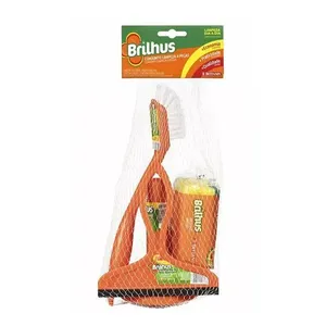 Kit Brilhus com 4 Peças com Rodo para Pia, Esponja, Escova Cantos e Desentupidor de Pia Laranja