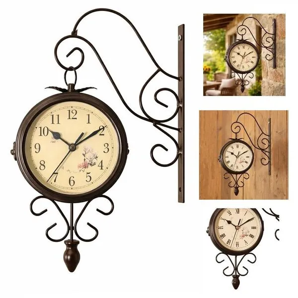Relógio de Parede Dupla Face Vintage Estação Ferroviária Retrô Luxo Marrom com Suporte Utibom Relógio de Parede Dupla Face Vintage Estação Ferroviária Retrô Marrom Utibom