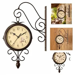Relógio de Parede Dupla Face Vintage Estação Ferroviária Retrô Luxo Marrom com Suporte Utibom Relógio de Parede Dupla Face Vintage Estação Ferroviária Retrô Marrom Utibom