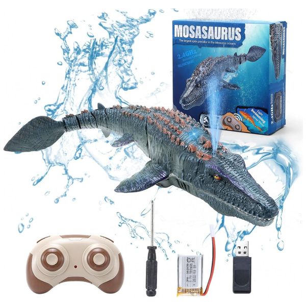 fromeasy Mosasaurus RC: Dinossauro Controle Remoto com Luz e Spray de Água para Piscina e Banho