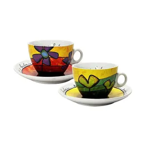 Jogo de xícaras capucciono com pires em porcelana Egan 250ml 2 peças amarela e vermelha