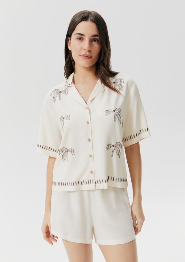 Pijama Curto Feminino Com Camisa Estampada - Off white P