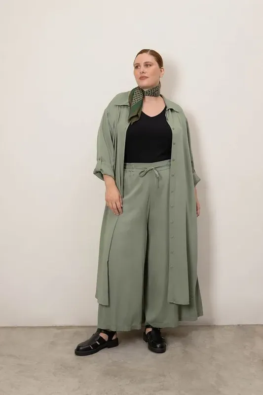Vestido Chemise Sarjado Plus Size Verde-GG