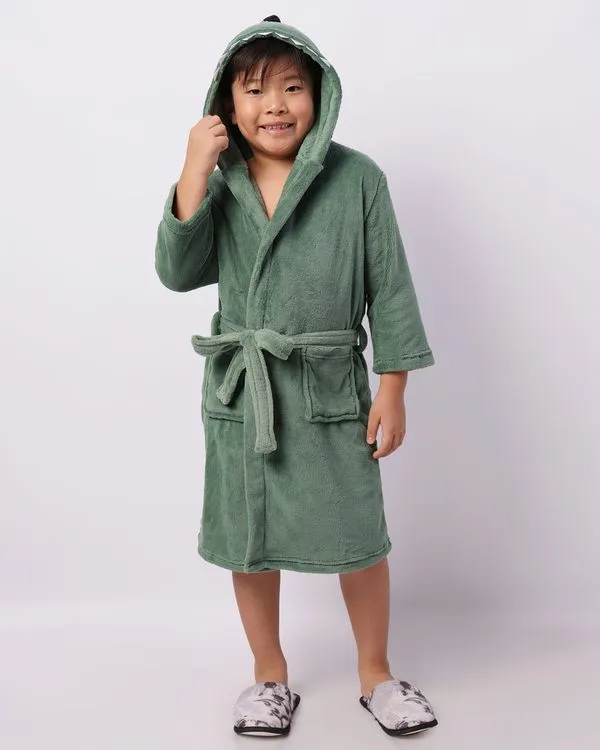 Roupão Infantil Com Capuz Interativo Dinossauro Verde M