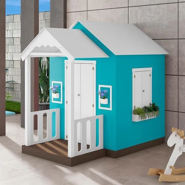 Casinha de Brinquedo com Varanda e Cerca Artesanal L12 Branco Azul Turquesa em MDF Criança Feliz Casinha de Brinquedo com Varanda L12 Branco Azul Turquesa em MDF Criança Feliz