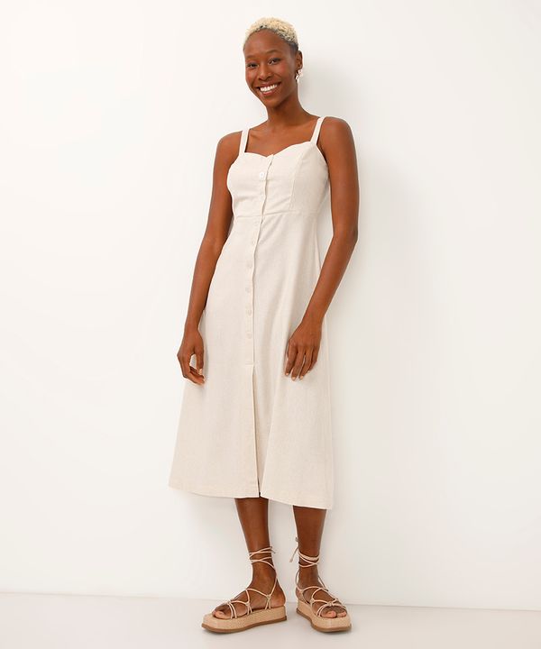 vestido midi com linho botões bege M