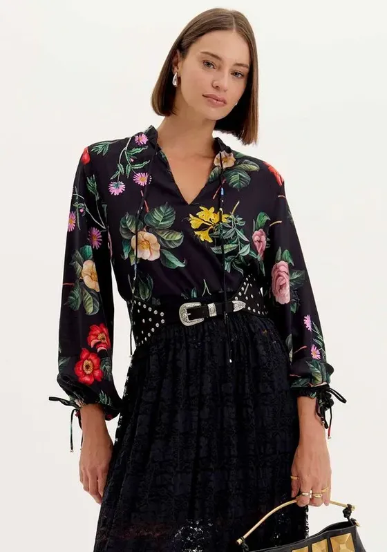 Blusa Manga Longa Estampada Preto P