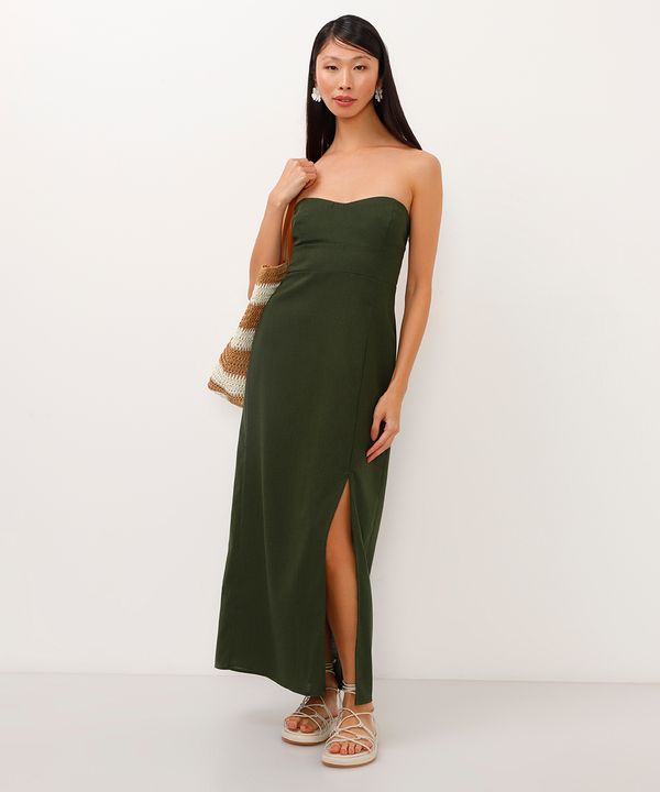 vestido midi com linho sem alça verde militar P