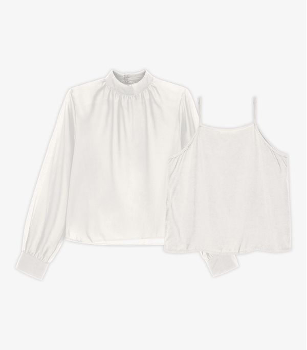 Camisa Manga Longa Chiffon Com Regata Endless Bege M