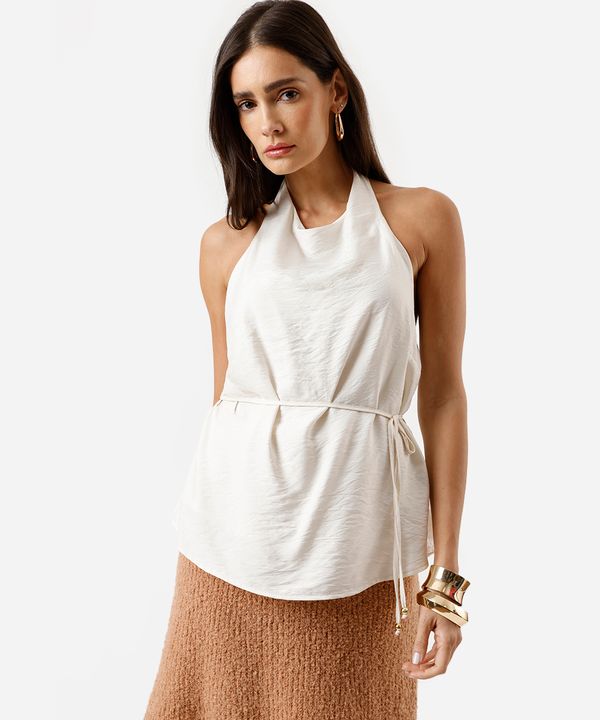 blusa frente única feminina com viscose com amarração texturizada bege PP