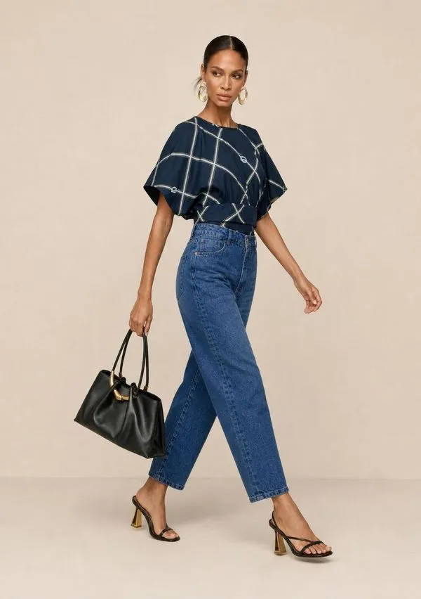 Calça Morena Rosa Mom Alta Azul 46