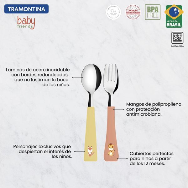 Jogo de Talheres Infantil Tramontina Baby Friends com Lâminas de Aço Inox e Cabos de Polipropileno Colorido 02 Peças