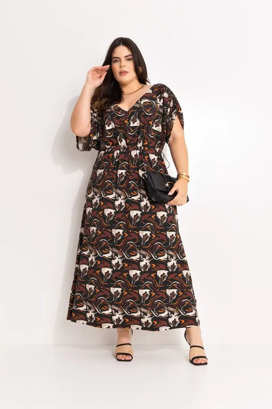 Vestido Longo em Malha De Viscose com Drapeado Estampado Marrom XXG