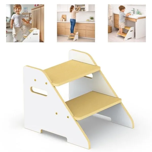 Escadinha Infantil Montessori 2 Degraus MDF 2 em 1 Banquinho e Escada com Alças Laterais Até 35kg Escadinha Infantil Montessori 2 Degraus MDF 2 em 1 com Alças Laterais Até 35kg