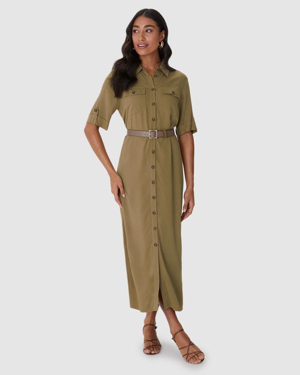 Vestido Midi Feminino Chemise Acompanha Cinto Em Viscose Sarjada Marrom - G