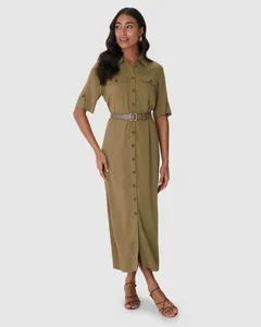 Vestido Midi Feminino Chemise Acompanha Cinto Em Viscose Sarjada Marrom - G
