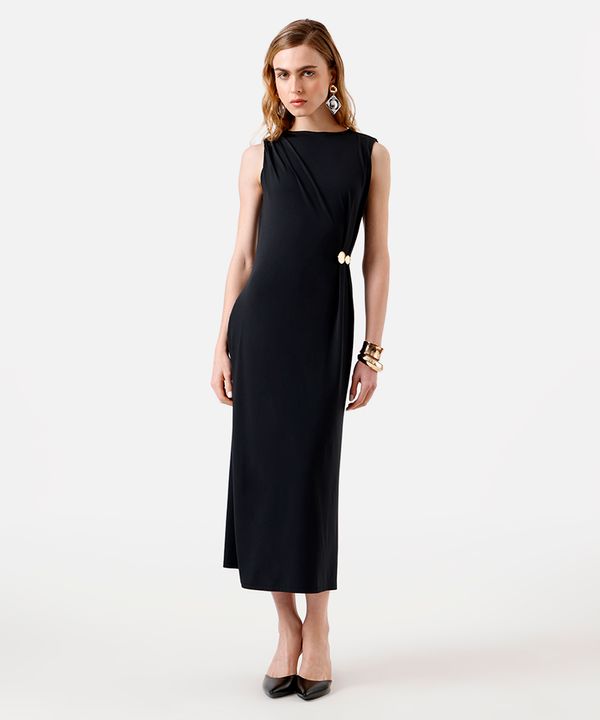 vestido longo feminino com pregas e fenda preto P