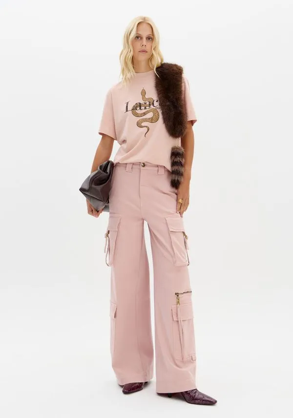 Calça Relaxed Sarja Com Bolsos Cargo Rosa 42